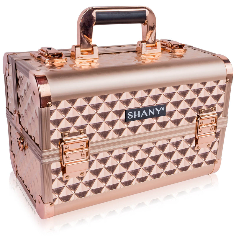 SHANY Premier Fantasy Professional Makeup Train Case Cosmetic Box Portable Makeup Case Organizer Jewelry storage with Locks , 3 Trays , Shoulder Strap, Makeup Brush Holder and Cosmetics Mirror - Rose Gold - SHOP ROSE GOLD - MAKEUP TRAIN CASES - ITEM# SH-C20-RG