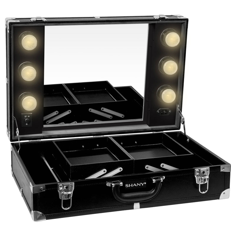 SHANY Studio-To-Go Tabletop Mirror Cosmetics Station – Makeup Case with Dimmable LED Lights Included and Carrying Handle – BLACK - SHOP BLACK - ROLLING MAKEUP CASES - ITEM# SH-CC0020-BK