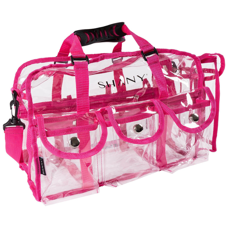 SHANY Clear PVC Makeup Bag - Large Professional Makeup Artist Rectangular Tote with Shoulder Strap and 5 External Pockets - PINK - SHOP PINK - TRAVEL BAGS - ITEM# SH-PC01PK