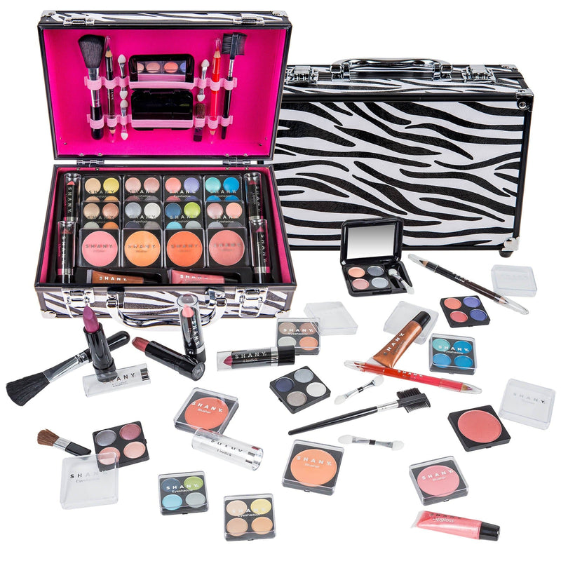 SHANY Carry All Makeup Train Case with Pro Makeup Set , Makeup Brushes, Lipsticks, Eye Shadows, Blushes, Powders, and more - Reusable Makeup Storage - Premium Gift Packaging - Zebra - SHOP ZEBRA - MAKEUP SETS - ITEM# SH-10402-ZB