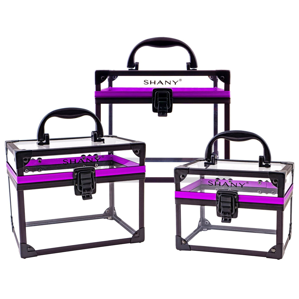 SHANY Clear Cosmetics and Toiletry Train Case - Clear Travel Makeup Bag Case Organizer with Secure Closure and Black/Purple Accents - SHOP  - MAKEUP TRAIN CASES - ITEM# SH-CC0080-PARENT