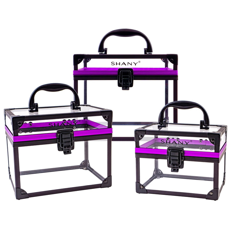 SHANY Clear Cosmetics and Toiletry Train Case - Clear Travel Makeup Bag Case Organizer with Secure Closure and Black/Purple Accents - 3PC Set - SHOP SET - MAKEUP TRAIN CASES - ITEM# SH-CC0080-SET