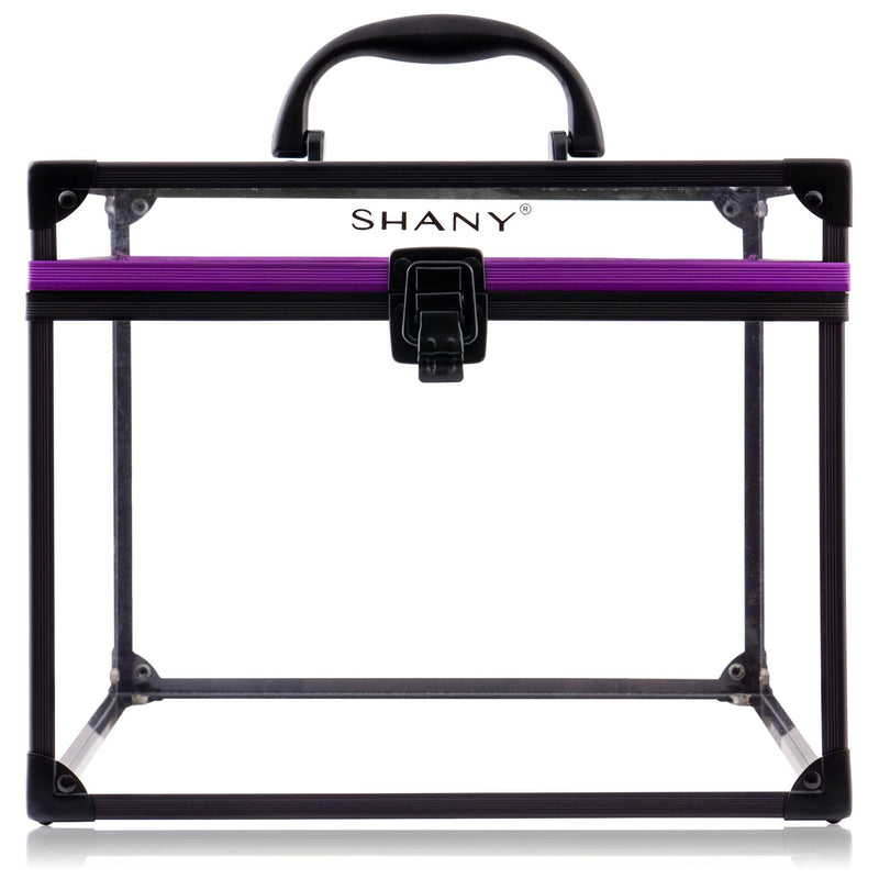 SHANY Clear Cosmetics and Toiletry Train Case - Clear Travel Makeup Bag Case Organizer with Secure Closure and Black/Purple Accents - Extra Large - SHOP XL - MAKEUP TRAIN CASES - ITEM# SH-CC0080-XL