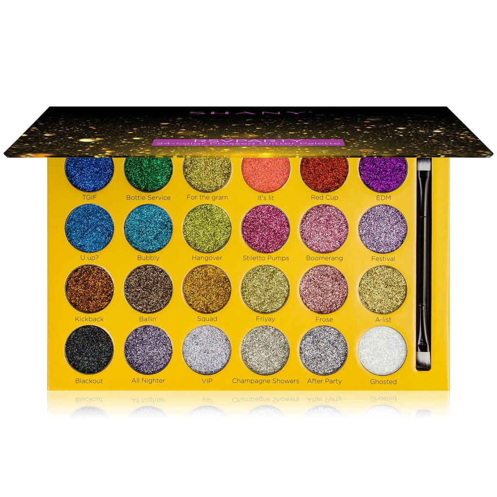 SHANY RSVParty Makeup Glitter Eyeshadow Palette - 24 Long-Lasting Pressed Glitter Pigments for Face and Body - Ultra Pigmented Glitter Makeup set with a Makeup Brush. Full Size Eyeshadow Pan. - SHOP  - MAKEUP SETS - ITEM# SH-GLITTER-A