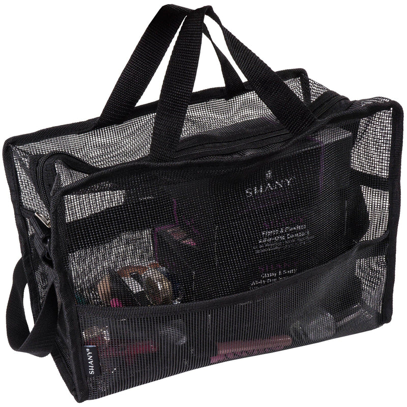 SHANY Collapsible Makeup Tools Travel Mesh Bag – Large See-Thru Travel Tote with Shoulder Straps – Water-Resistant with Zippered Pockets – Black - SHOP  - MESH BAGS - ITEM# SH-MB200-BK