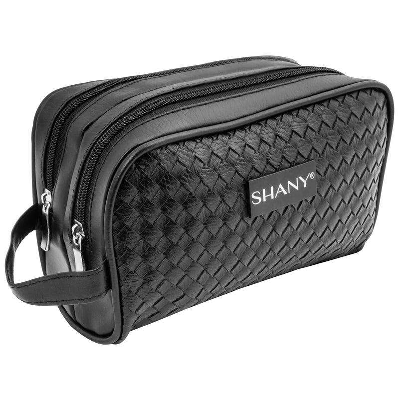 SHANY Woven Double-Pocket Toiletry Dopp Kit– Faux Leather Portable Traveling Organizer with Two Zippered Compartments – Black Faux - SHOP BLACK FAUX - TRAVEL BAGS - ITEM# SH-NT1003-BK