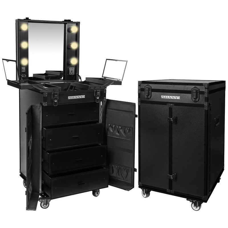 SHANY Light-Up Makeup Mirror Station and Storage - Rolling Cosmetics Case with Multiple Compartments with Light Bulbs Included - BLACK - SHOP JET BLACK - ROLLING MAKEUP CASES - ITEM# SH-P700-BK