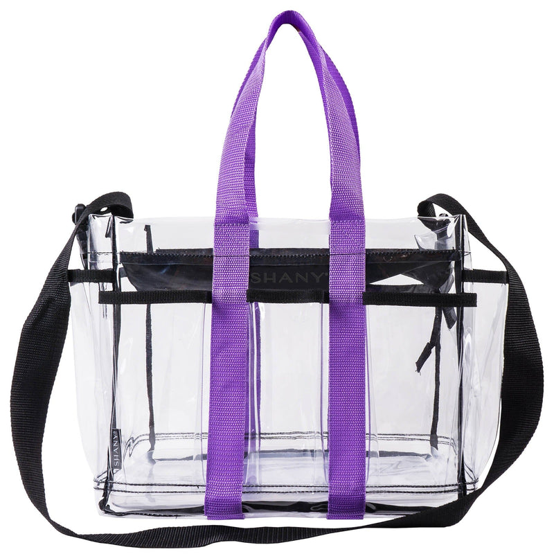 SHANY Clear Makeup Organizer and Travel Caddy – Multiple Pockets - Large, Nontoxic Plastic Tote with Black Shoulder Strap and Purple Handles - SHOP  - TRAVEL BAGS - ITEM# SH-PC20-BK