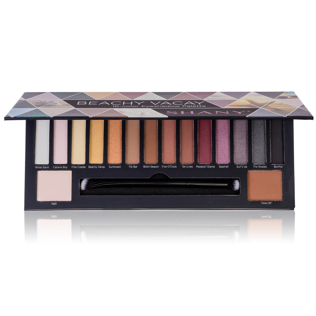 SHANY Beachy Vacay 16-Color Eyeshadow Palette - 16 Highly-Pigmented and Long-Lasting Eye Makeup Shades with Dual-Sided Brush and Built-In Mirror - SHOP BEACHY VACAY - EYE SHADOW SETS - ITEM# SH-0016-A