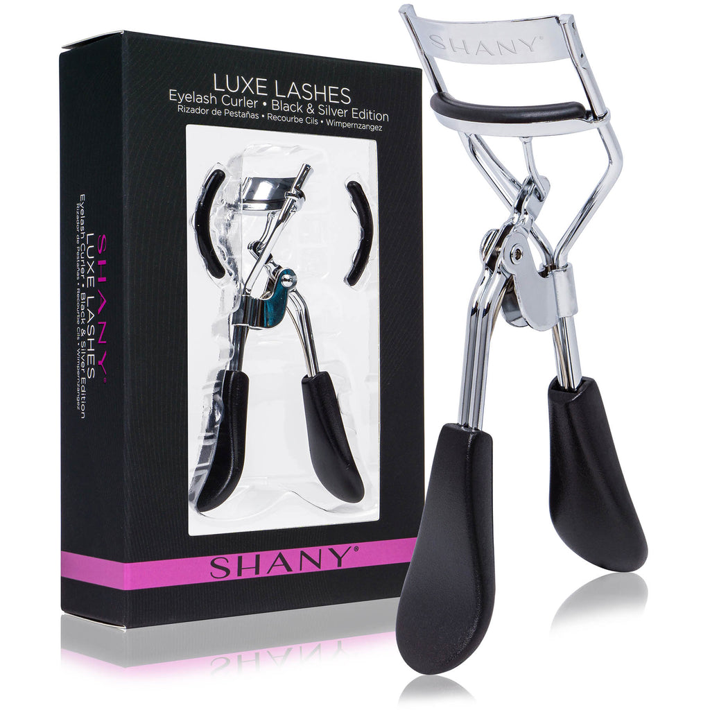 SHANY Luxe Lashes Eyelash Curler - Professional Makeup Tool for Eyelashes with Two Silicone Refill/Replacement Pads - Black and Silver - SHOP JET BLACK - EYELASH CURLER - ITEM# SH-EC900-A