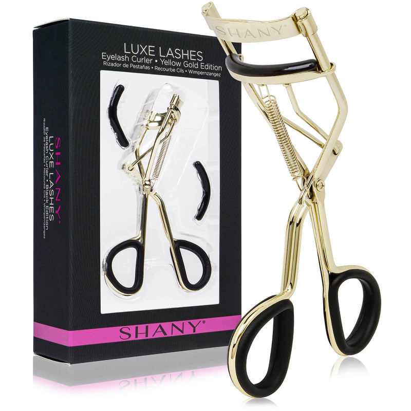 SHANY Luxe Lashes Eyelash Curler - Professional Makeup Tool for Eyelashes with Two Silicone Refill/Replacement Pads - Yellow Gold - SHOP GOLD - EYELASH CURLER - ITEM# SH-EC900-D