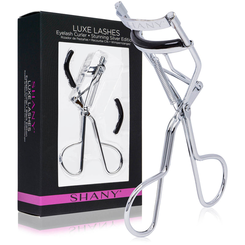 SHANY Luxe Lashes Eyelash Curler - Professional Makeup Tool for Eyelashes with Two Silicone Refill/Replacement Pads - Stunning Silver - SHOP SILVER - EYELASH CURLER - ITEM# SH-EC900-E