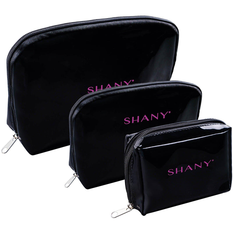 SHANY Black Faux Patent Leather Cosmetic Clutch Set - Three Portable and Waterproof Toiletry Bags with Internal Pockets and Black Nylon Interior - 3 PC - SHOP  - TRAVEL BAGS - ITEM# SH-NT1010-BK