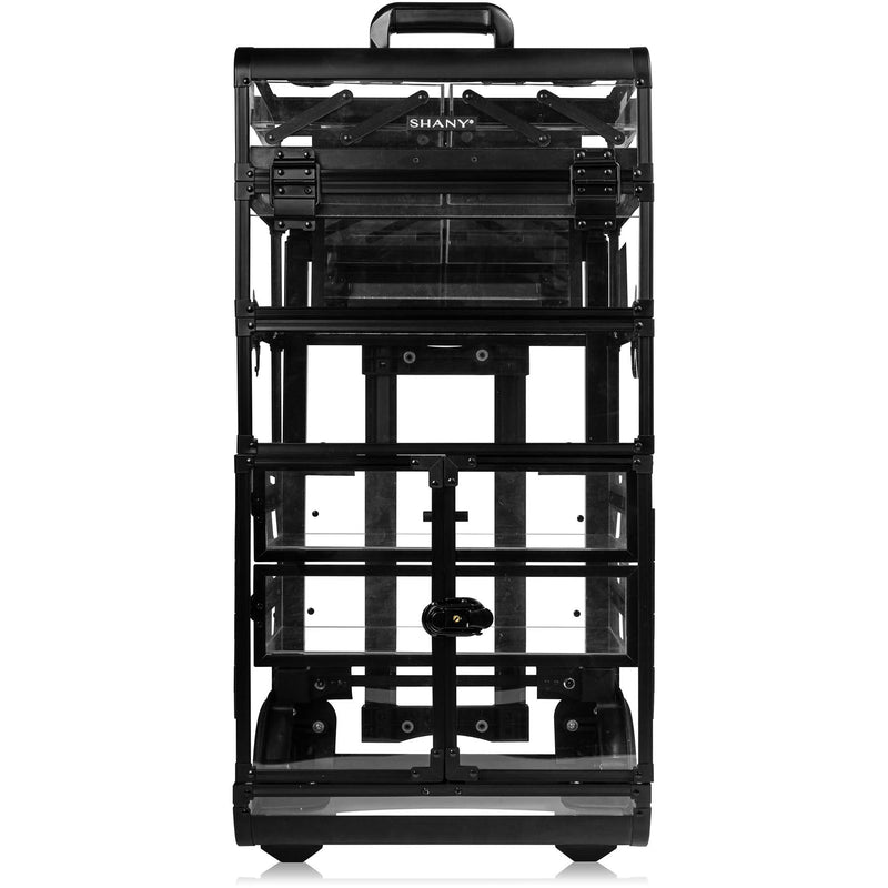 SHANY REBEL NUDE Series Pro Makeup Artists Rolling Train Case - Light Duty Large Clear Trolley Cosmetic Organizer Case - CLEARLY BLACK - SHOP BLACK - MAKEUP TRAIN CASES - ITEM# SH-REBEL-NUDE-BK