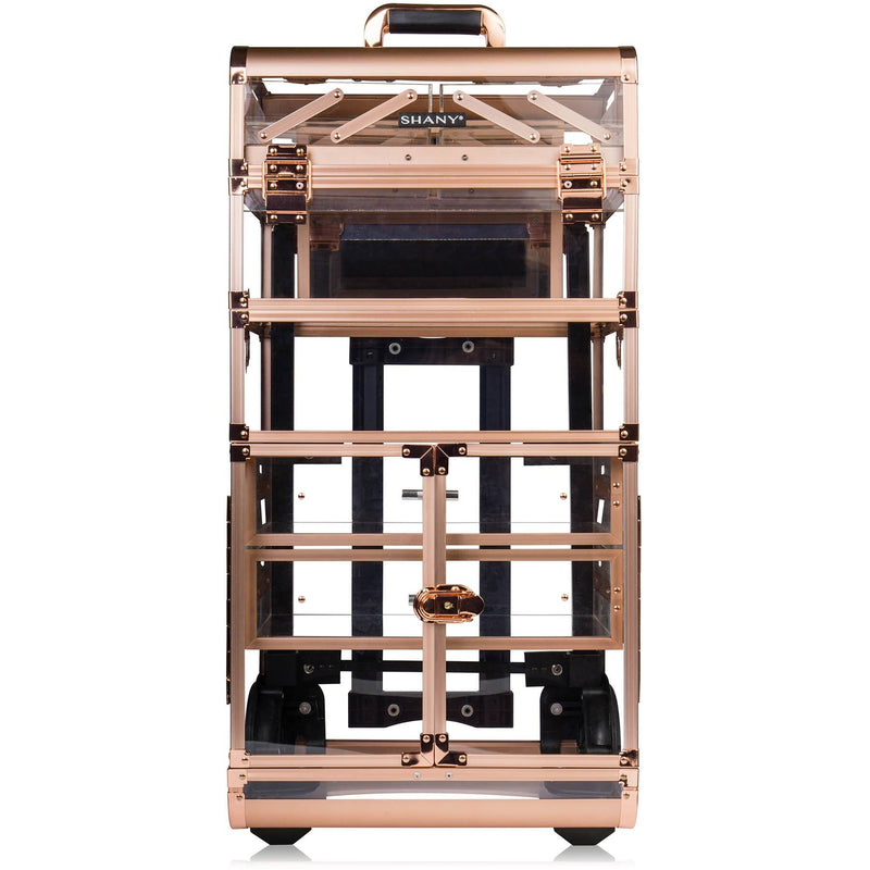 SHANY REBEL NUDE Series Pro Makeup Artists Rolling Train Case - Light Duty Large Clear Trolley Cosmetic Organizer Case - CLEARLY ROSE GOLD - SHOP ROSE GOLD - MAKEUP TRAIN CASES - ITEM# SH-REBEL-NUDE-RG